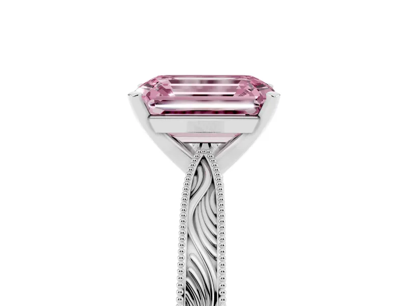 Fancy Pink Emerald Cut Diamond Solitaire Milgrain Engraved Band Set in Silver with Prong Setting