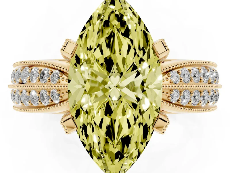 Fancy Yellow Marquise Cut Diamond Solitaire Ring Set in Yellow gold with Milgrain Double Row Round Pavé Band