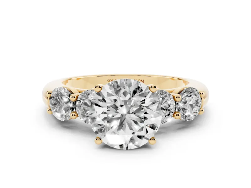 Round Cut Diamond Five-Stone Prong Set Ring Set in Yellow gold with Classic Band