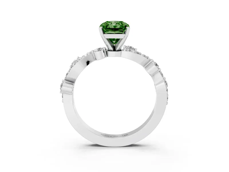 Fancy Green Radiant Cut Diamond Solitaire Twisted Band Set in Silver with Pavé Setting