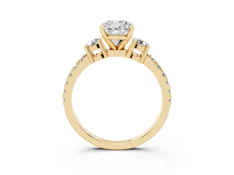 Three-Stone Cushion Cut Diamond Pavé Band Ring Set in Yellow gold with Prong Setting