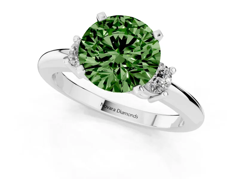 Round Three Stone Engagement Ring Setting for a Fancy Green Lab-Grown Diamond | Round Side Stones | White Gold