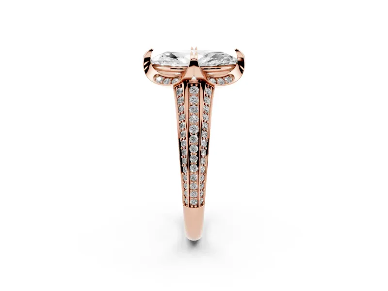 Marquise Cut Diamond Pavé Split Shank Solitaire Ring Set in Rose gold with Prong Setting