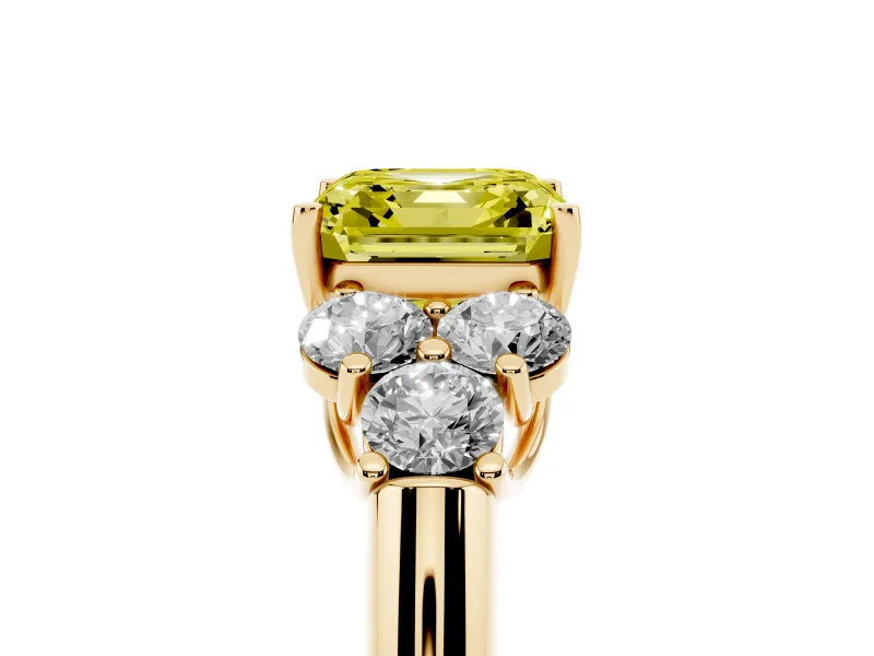 Fancy Yellow Asscher Cut Diamond Cluster Ring Set in Yellow gold with Round Accent Stones and Prong Setting on a Plain Band