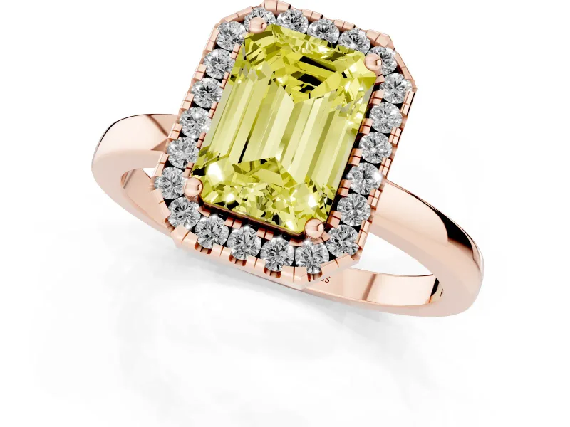 Fancy Yellow Emerald Cut Diamond Halo Solitaire Ring Set in Rose gold with Pavé Band and Prong Setting
