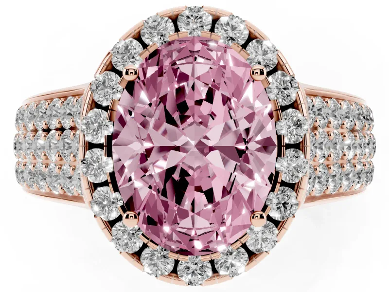Fancy Pink Oval Cut Diamond Halo Ring Set in Rose gold with Pavé Band and Raised Center Setting