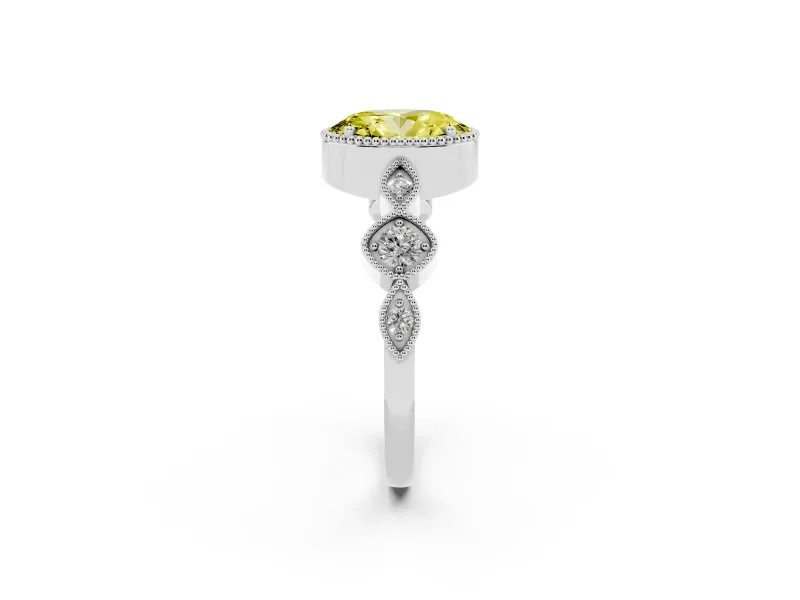 Fancy Yellow Oval Cut Diamond Vintage-Inspired Milgrain Ring Set in White gold with Marquise Stations of Round Accents