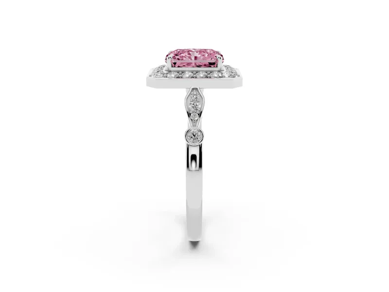 Radiant Cut Vintage Halo Engagement Ring Setting for a Fancy Pink Lab-Grown Diamond | Bezel Station Shoulders | Platinum