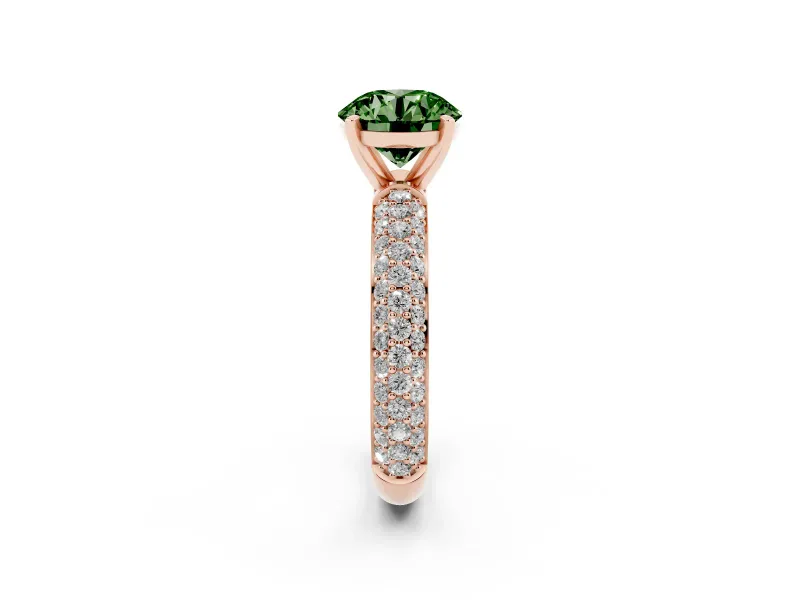 Fancy Green Round Cut Diamond Solitaire Ring Set in Rose gold with Prong Setting and Pavé-Set Band