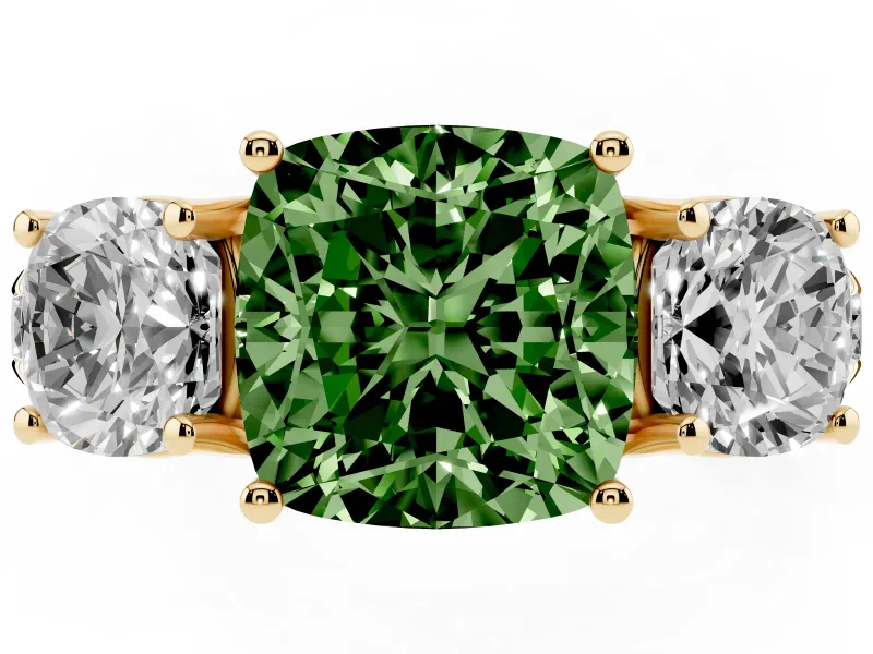 Fancy Green Cushion Cut Diamond Three-Stone Ring Set in Yellow gold with Pavé Band