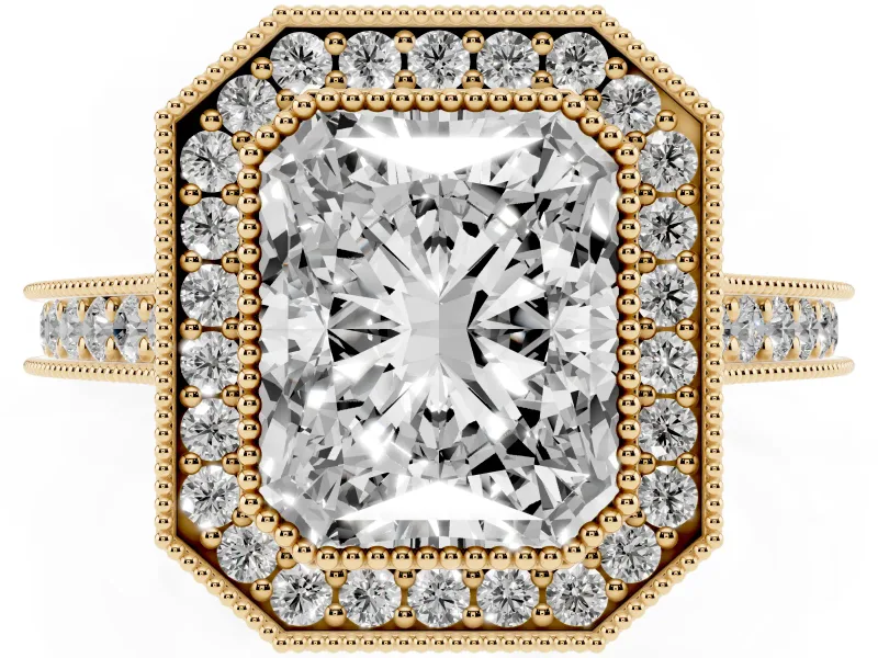 Radiant Cut Vintage Milgrain Halo Engagement Ring Setting | Bezel Head | Yellow Gold