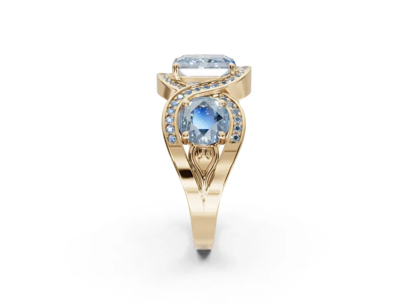 Radiant Cut Three Stone Halo Engagement Ring Setting for a Fancy Blue Lab-Grown Diamond | Pavé Wave Band | Yellow Gold