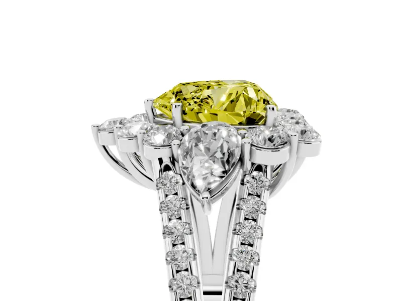 Fancy Yellow Heart Cut Diamond Halo Split Shank Engagement Ring Set in White gold with Prong-Held Center Stone