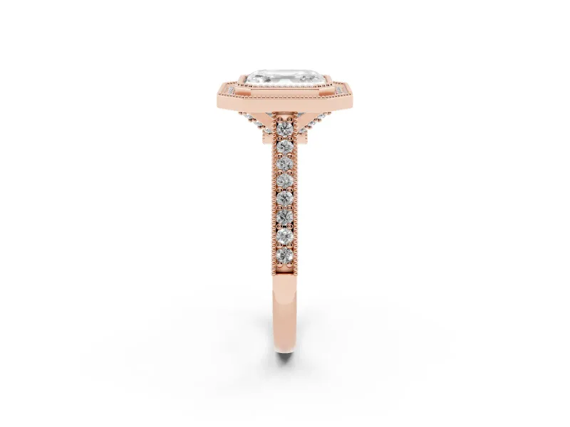 Asscher Cut Vintage Milgrain Halo Engagement Ring Setting | Bezel Head | Rose Gold
