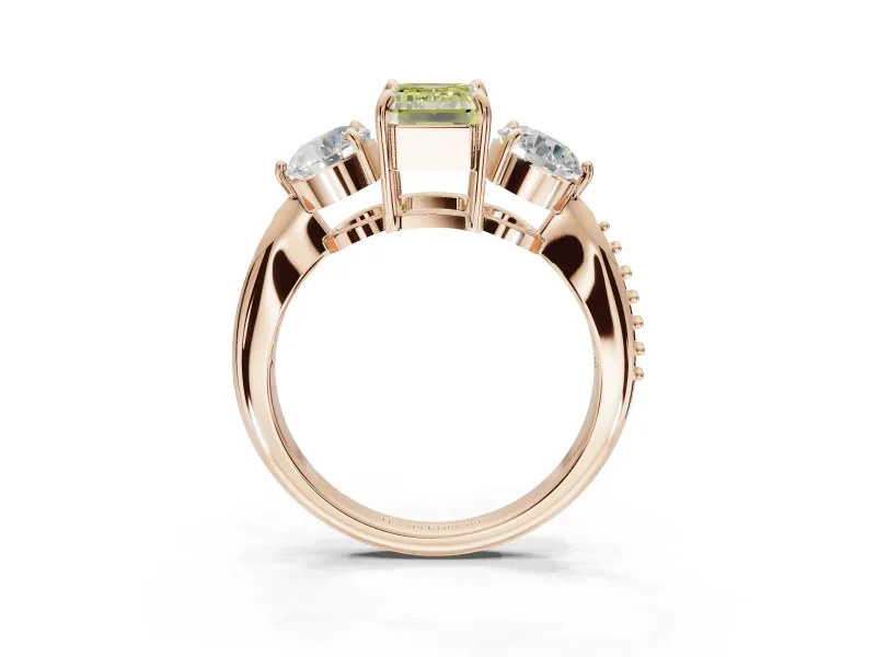 Emerald Cut Three Stone Engagement Ring Setting for a Fancy Yellow Lab-Grown Diamond | Tapered Pave Band | Rose Gold