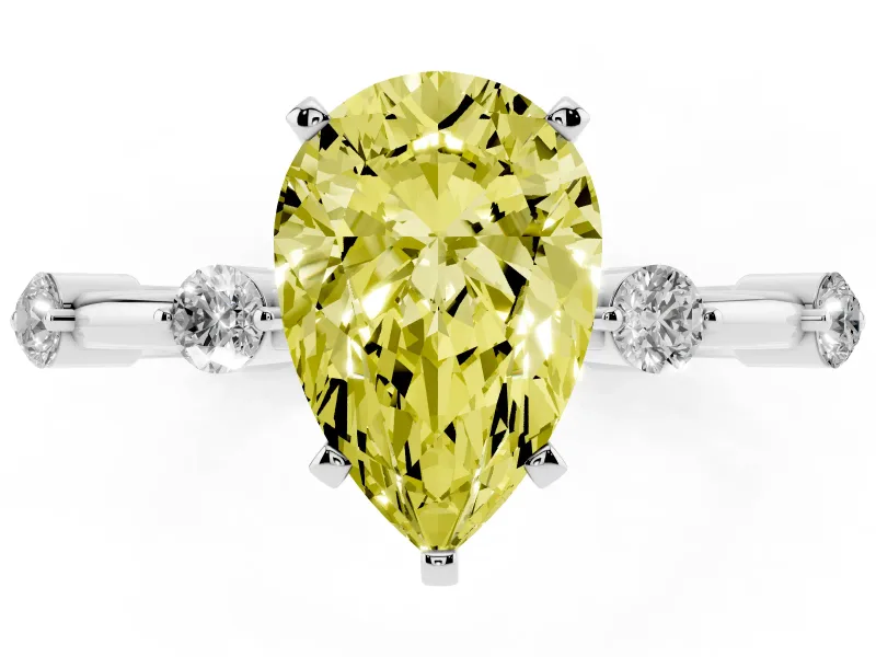 Fancy Yellow Pear Cut Diamond Solitaire Ring Set in Silver with Bezel Set Side Stones and Prong Setting