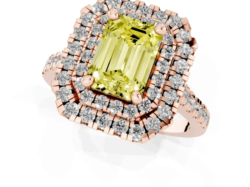 Emerald Cut Double Halo Engagement Ring Setting for a Fancy Yellow Lab-Grown Diamond | Pave Shoulders | Rose Gold