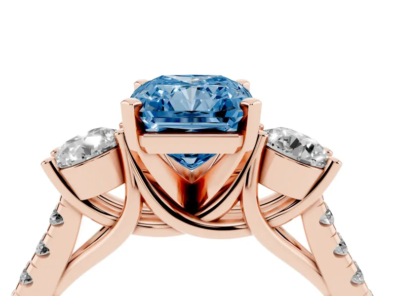 Radiant Cut Three-Stone Engagement Ring Setting for a Fancy Blue Lab-Grown Diamond | Rose Gold