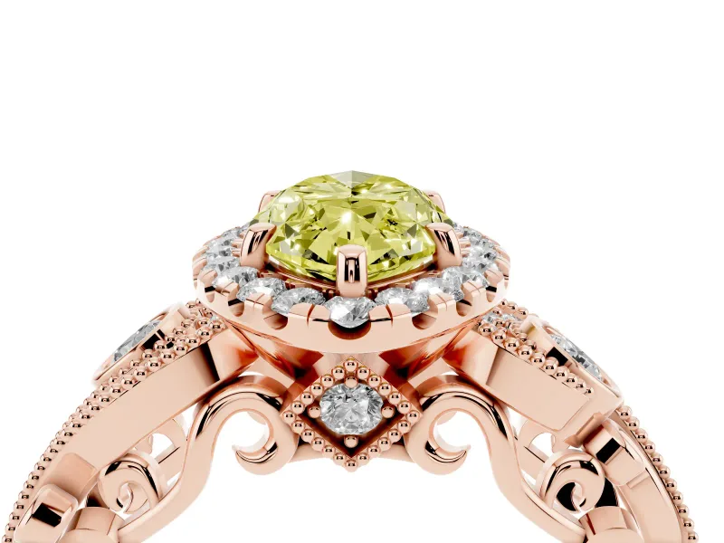 Fancy Yellow Marquise Cut Diamond Halo Ring Set in Rose gold with Milgrain Pavé Band and Prong Setting
