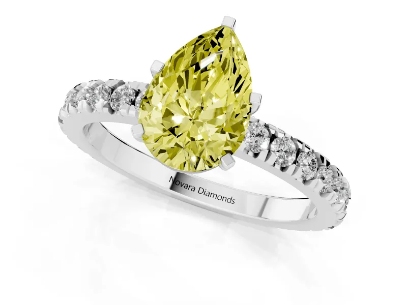 Fancy Yellow Pear Cut Diamond Pavé Band Solitaire Set in White gold with Prong Setting