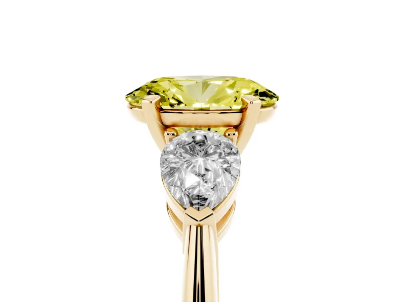 Oval Three-Stone Ring Setting for a Fancy Yellow Lab-Grown Diamond | Pear Side Stones | Yellow Gold