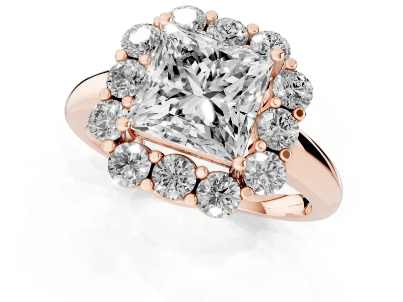 Princess Cut Milgrain Halo Engagement Ring Setting | Graduated Bezel Accents | Rose Gold