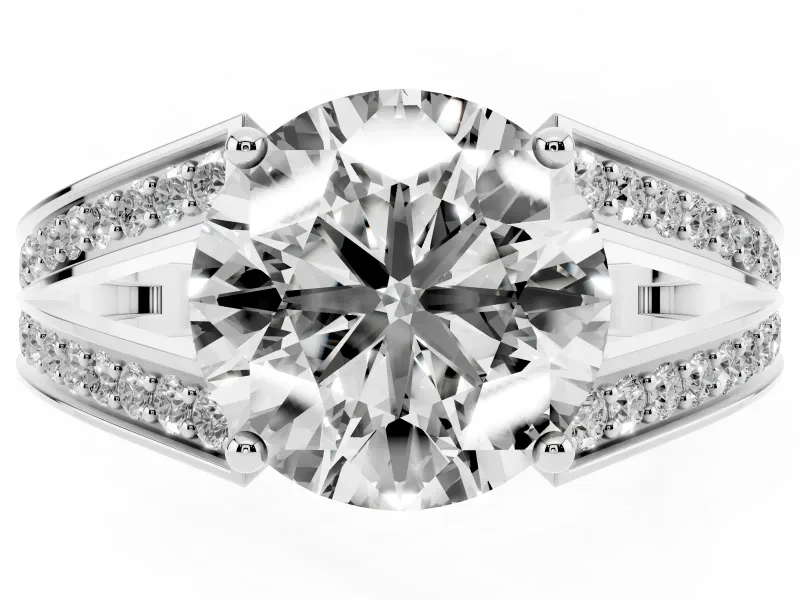 Round Cut Diamond Split Shank Ring Set in Silver with Pavé Band and Prong Setting