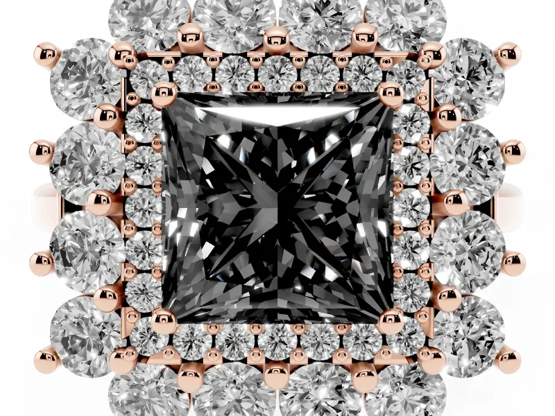 Princess Cut Floral Double Halo Engagement Ring Setting for a Black Center | Plain Band | Rose Gold