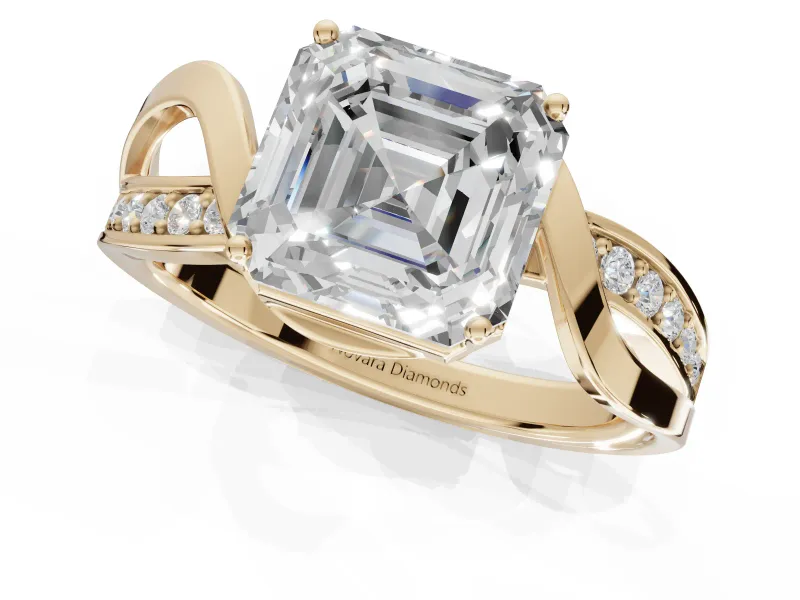 Asscher Cut Bypass Solitaire Engagement Ring Setting | Pavé and Plain Strands | Yellow Gold