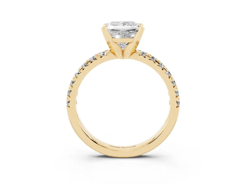 Princess Cut Diamond Solitaire Pavé Engagement Ring Set in Yellow gold with Round Band and Prong Setting