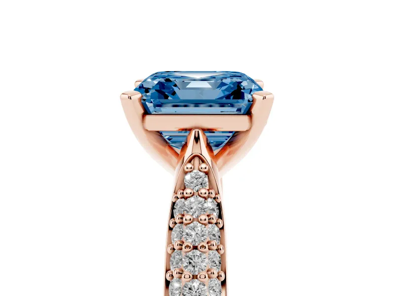Fancy Blue Asscher Cut Diamond Solitaire Engagement Ring Set in Rose gold with Multi-Row Round Pavé Band and Prong Setting