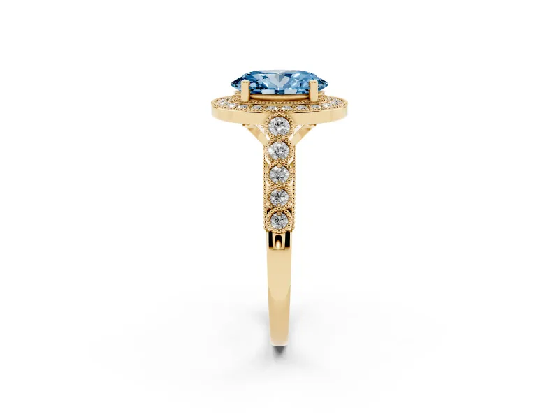 Oval Milgrain Halo Engagement Ring Setting for a Fancy Blue Lab-Grown Diamond | Graduated Bezel Accents | Yellow Gold