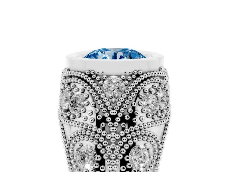 Fancy Blue Round Cut Diamond Bezel Ring Set in Silver with Milgrain Accent Band