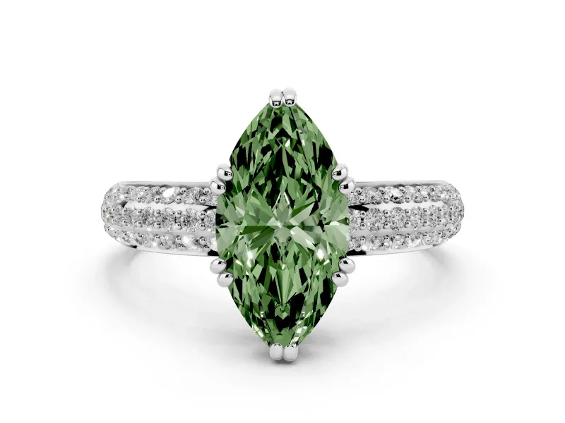 Fancy Green Marquise Cut Diamond Solitaire Ring Set in White gold with Multi-Row Round Pavé Band and Prong Setting