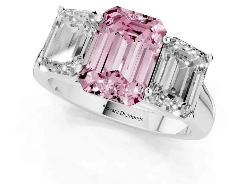 Emerald Cut Three Stone Engagement Ring Setting for a Fancy Pink Lab-Grown Diamond | Basket Prong Heads | Platinum