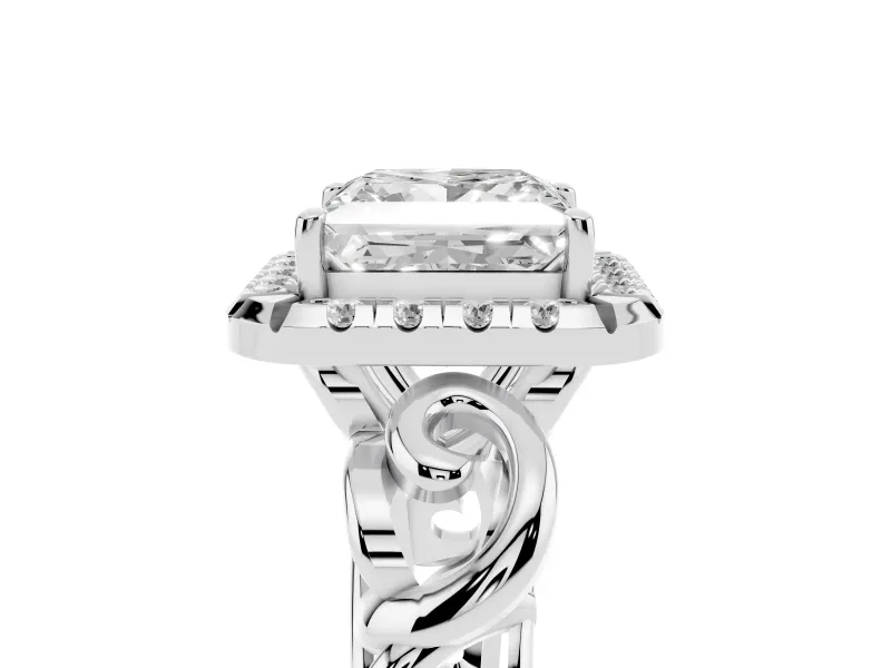 Princess Cut Diamond Halo Ring Set in White gold with Scrollwork Band and Prong Setting