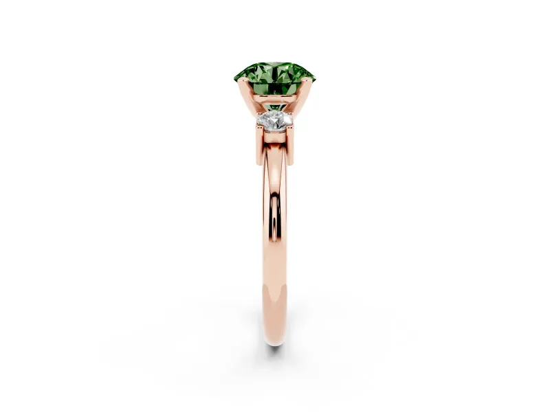 Round Three Stone Engagement Ring Setting for a Fancy Green Lab-Grown Diamond | Round Side Stones | Rose Gold