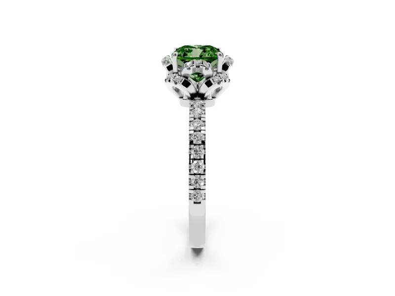 Fancy Green Cushion Cut Diamond Halo Pavé Band Ring Set in Platinum with Prong-Held Center