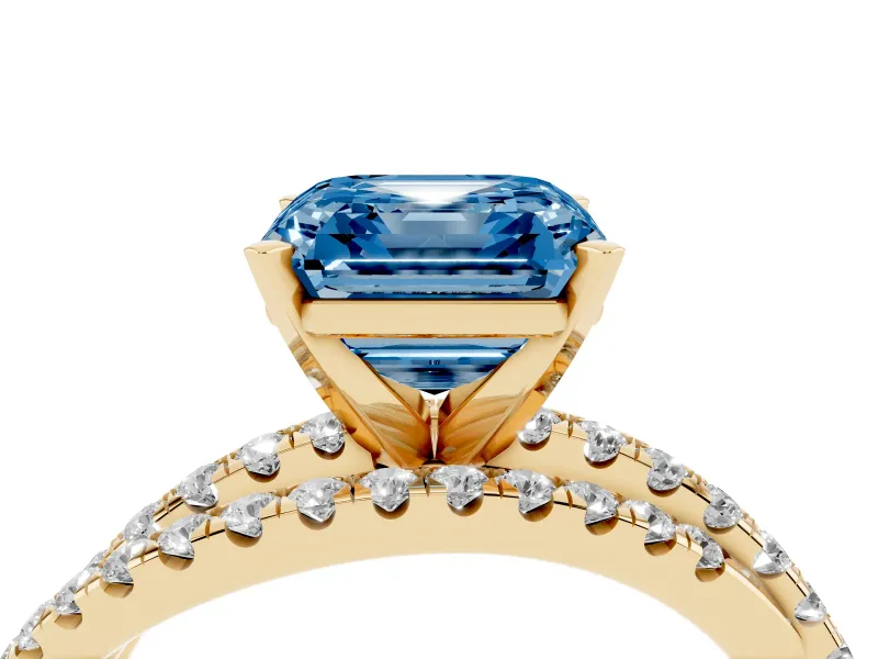 Fancy Blue Asscher Cut Diamond Solitaire Twist Band Ring Set in Yellow gold with Pavé Setting and Prong Head