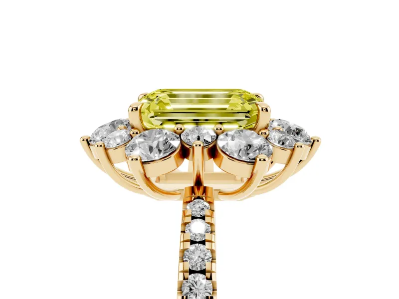 Fancy Yellow Emerald Cut Diamond Floral Halo Ring Set in Yellow gold with Round Pavé Band and Prong Setting