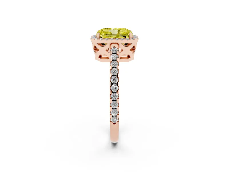 Radiant Cut Pave Halo Engagement Ring Setting for a Fancy Yellow Lab-Grown Diamond | Rose Gold