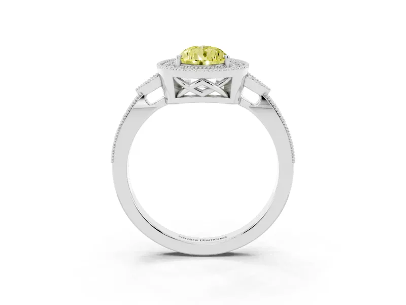 Fancy Yellow Pear Cut Diamond Halo Engagement Ring Set in Silver with Milgrain Pavé Band