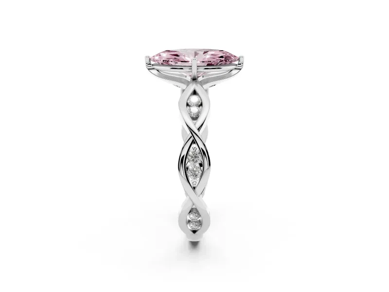 Fancy Pink Marquise Cut Diamond Twist Band Solitaire Ring Set in Platinum with Leaf Prong Setting and Accent Stones
