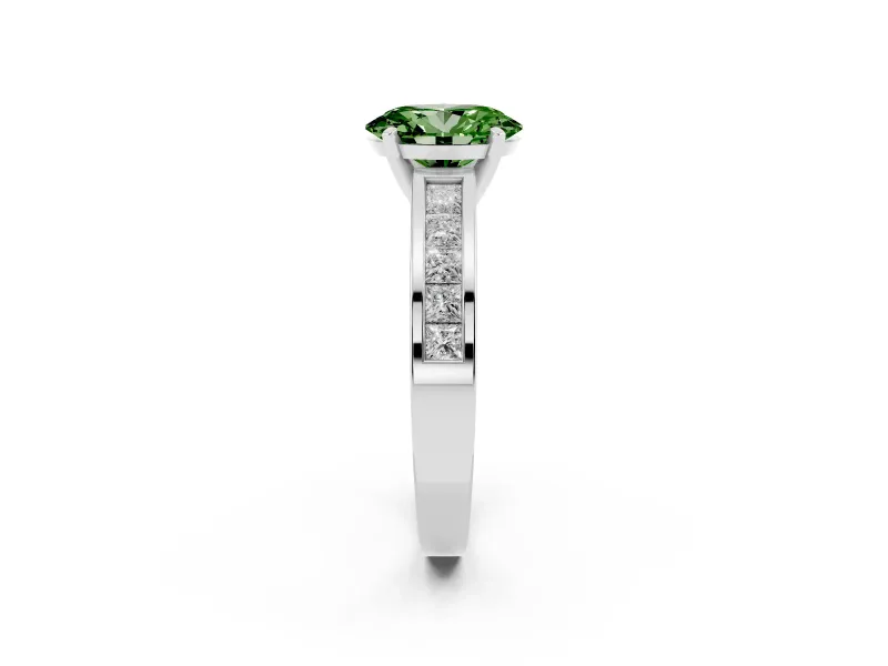 Fancy Green Oval Cut Diamond Solitaire Ring Set in Platinum with Channel-Set Band and Prong Setting