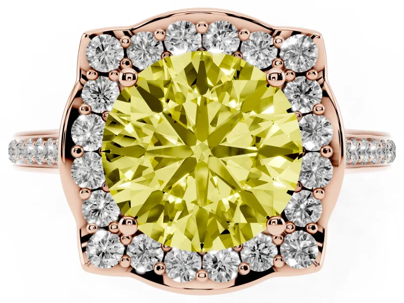 Round Halo Engagement Ring Setting for a Fancy Yellow Lab-Grown Diamond | Petal Tips | Rose Gold