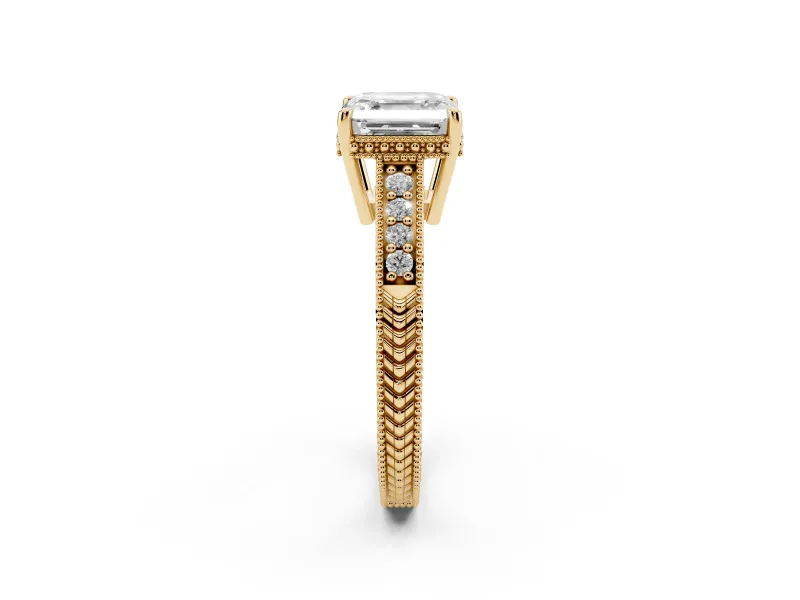 Asscher Cut Vintage Engraved Solitaire Engagement Ring Setting | Milgrain Pavé | Yellow Gold