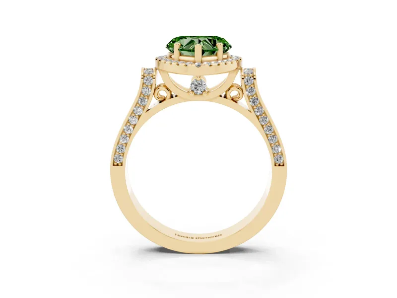 Heart-Shaped Halo Engagement Ring Setting for a Fancy Green Lab-Grown Diamond | Pointed Pave Shoulders | Yellow Gold