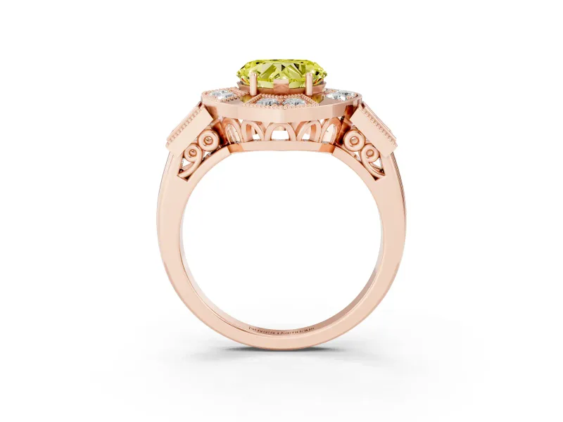 Fancy Yellow Heart Cut Diamond Milgrain Halo Ring Set in Rose gold with Split Shank