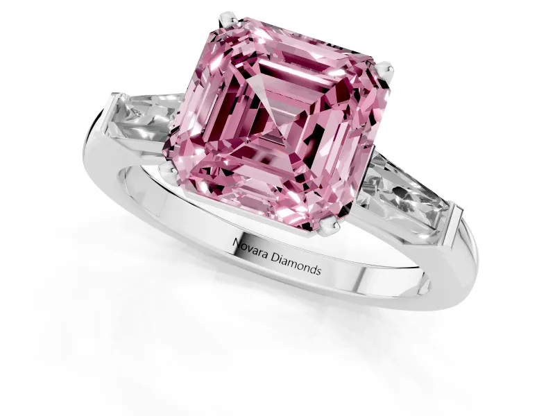 Fancy Pink Asscher Cut Diamond Solitaire Ring Set in Platinum with Tapered Baguette Side Stones and Prong Setting
