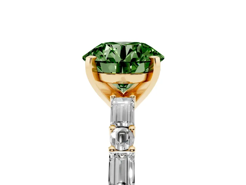 Round Baguette Side Stone Engagement Ring Setting for a Fancy Green Lab-Grown Diamond | Yellow Gold